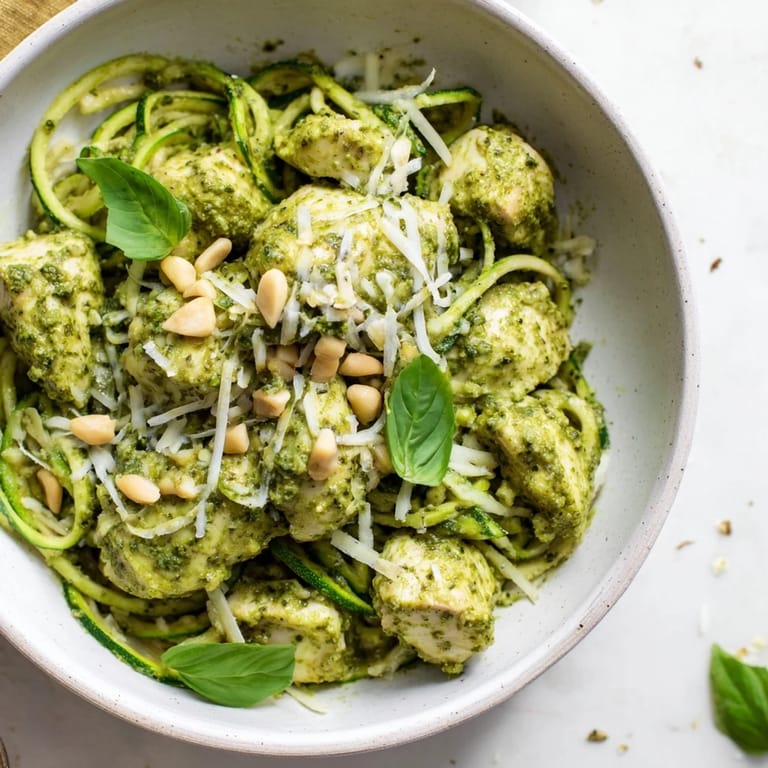 Healthy low-carb chicken pesto bowl with spiralized zucchini, lemon, and crunchy toasted pine nuts.