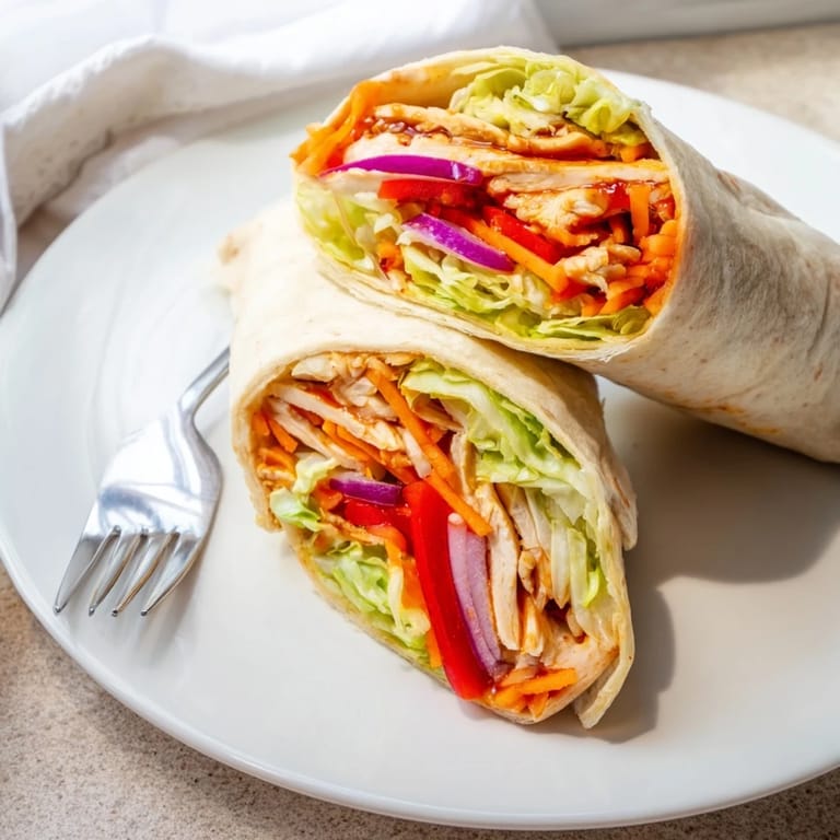 Fresh cilantro and creamy mayo topping a Honey Sriracha Chicken Wrap served with carrot and red bell pepper.