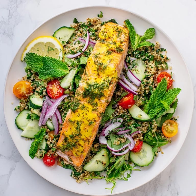 Ein leckeres Lemon Herb Salmon Salad mit saftigem Lachs, Kräutern und einem zitronigen Dressing angerichtet.