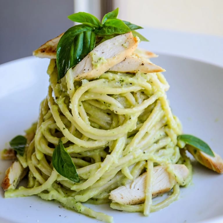 Ein großer Topf mit Creamy Avocado Chicken Pasta, Kresse und Zitronenscheiben neben dem Servieren  