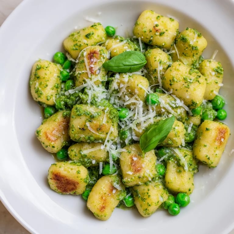 A close-up view of the Pesto Pea Gnocchi Skillet, highlighting the crispy potato dumplings and fresh spinach leaves.