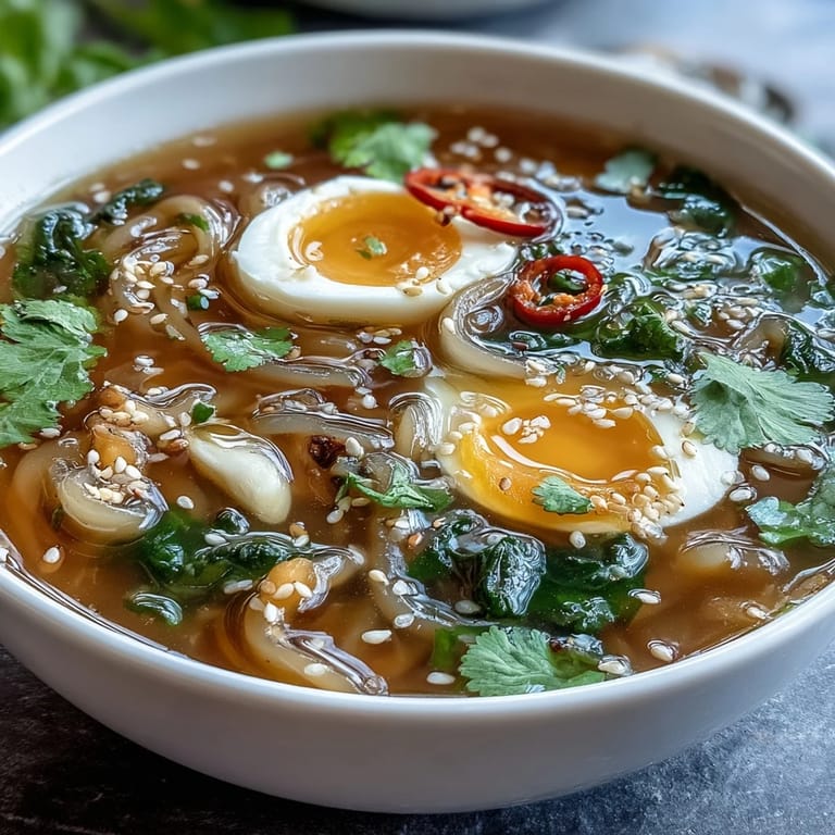 Gekochte Shirataki Nudeln in aromatischer Brühe mit weichem Ei und frischer Petersilie serviert.