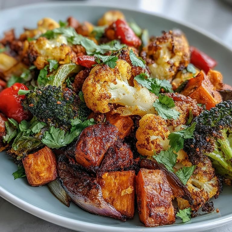 Ofenwarme Anti-Inflammatory Turmeric Roasted Vegetables auf einem hellen Teller, serviert mit cremigem Joghurt.