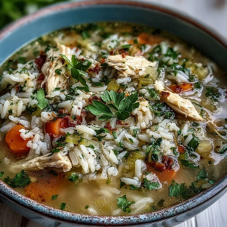 Eine große Topf voll Cozy Winter Chicken and Rice Soup mit zartem Hühnchen und gelbem Reis, bereit zum Servieren.