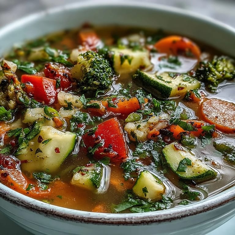 Gemüsereiche Ginger Vegetable Soup mit Zucchini und Paprika, serviert mit knusprigem Brot.