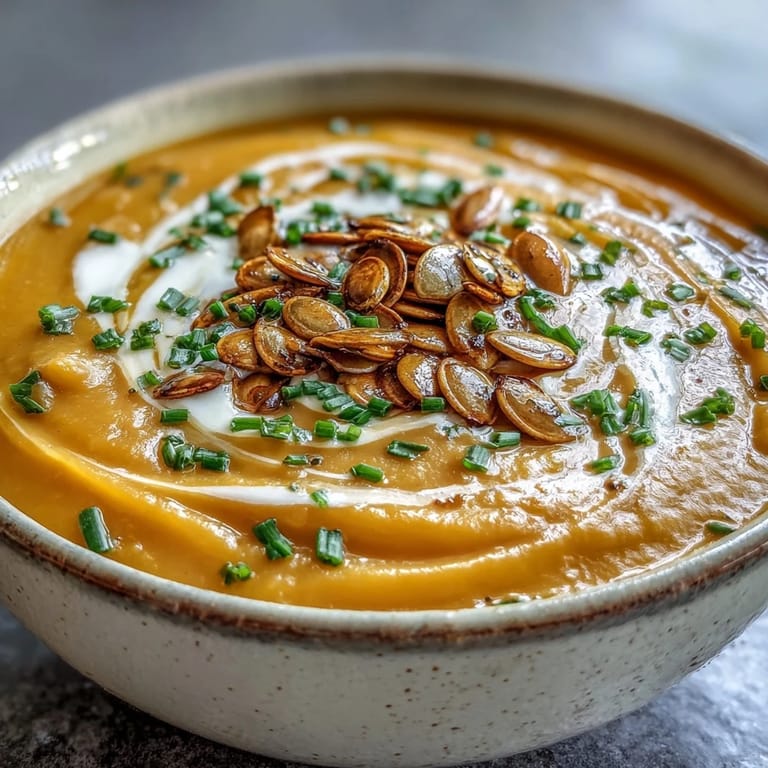 Geröstete Acorn Squash Suppe serviert mit knusprigem Brot.