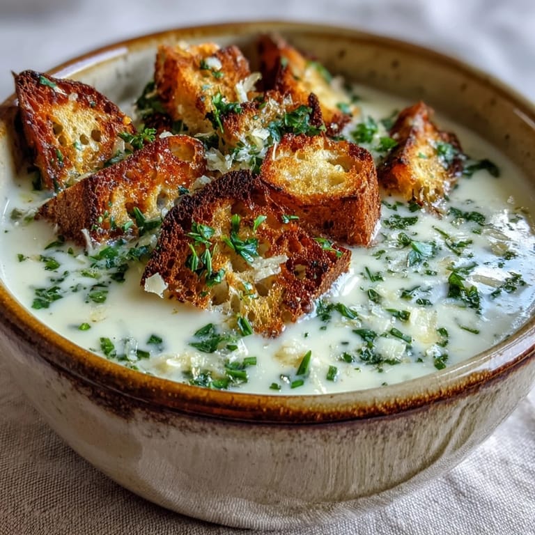Hearty Garlic and Herb Soup puréed until smooth, finished with chopped parsley and chives.