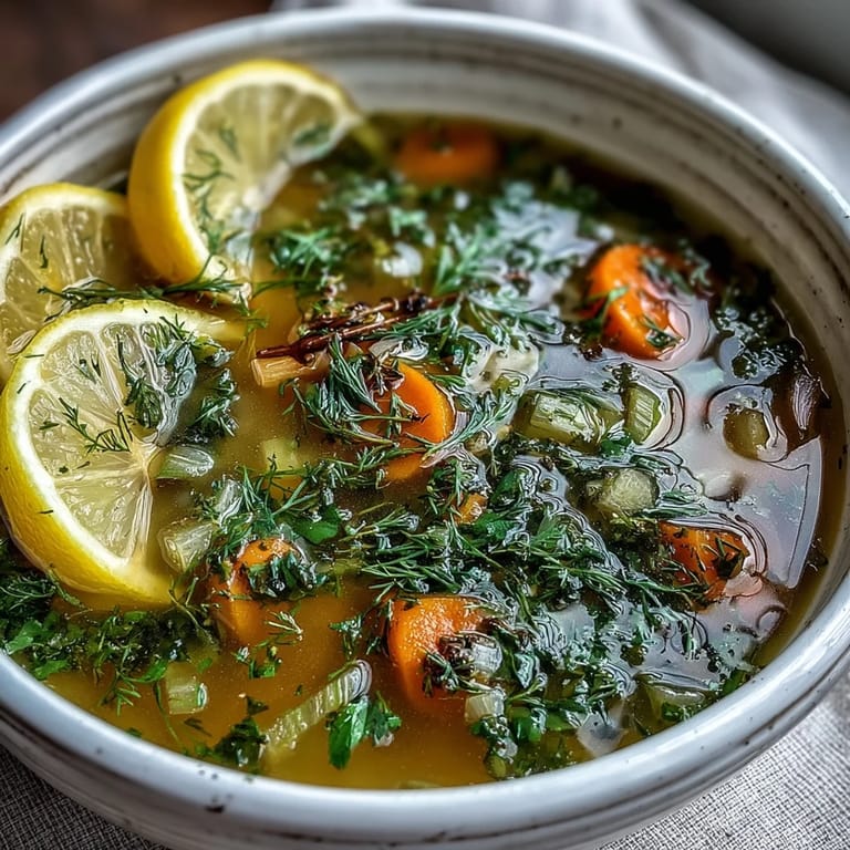 Geschmackvolle vegetarische Lemon Herb Soup mit Karottenstücken und frischen Kräutern, auf holzerner Unterlage.