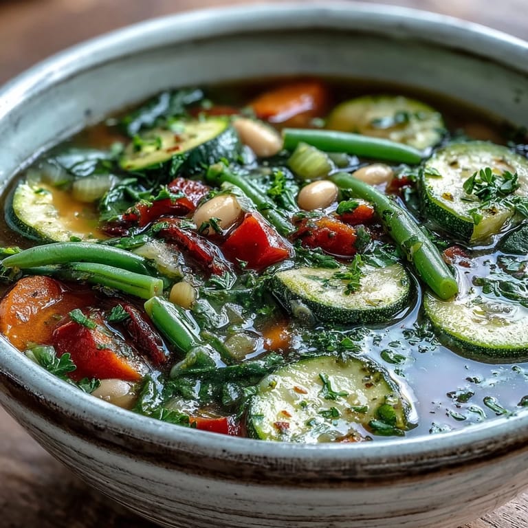 Großer Topf mit italienischer Kräutersuppe, gefüllt mit Paprika, grünen Bohnen, Spinat und cannellini-Bohnen.