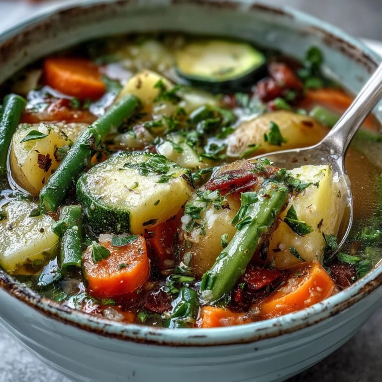 Steaming bowl of Parmesan Veggie Soup surrounded by fresh vegetables, ideal for a cozy family dinner.