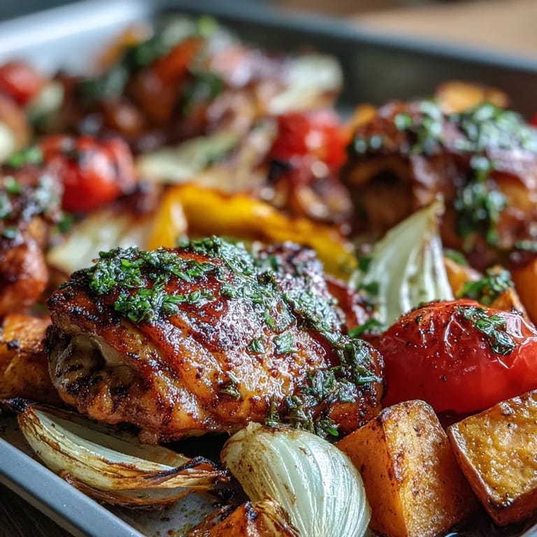 Duftende Chicken and Sweet Potato Traybake mit weichen Süßkartoffelwürfeln, gerösteten Zwiebeln und frischen Tomaten auf dem Backblech.