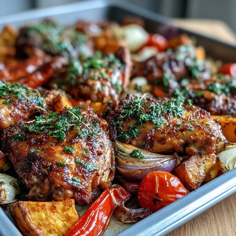 Saftige Chicken and Sweet Potato Traybake garniert mit Kräutern und Zitronenspalten, serviert mit knusprigem Hähnchen und buntem Gemüse.