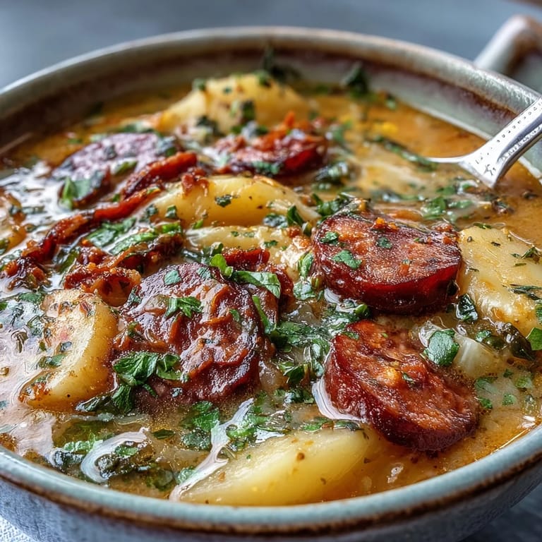 Heiße Potato, Leek and Chorizo Soup dampft in einer Schüssel, garniert mit chorizo und frischer Petersilie.