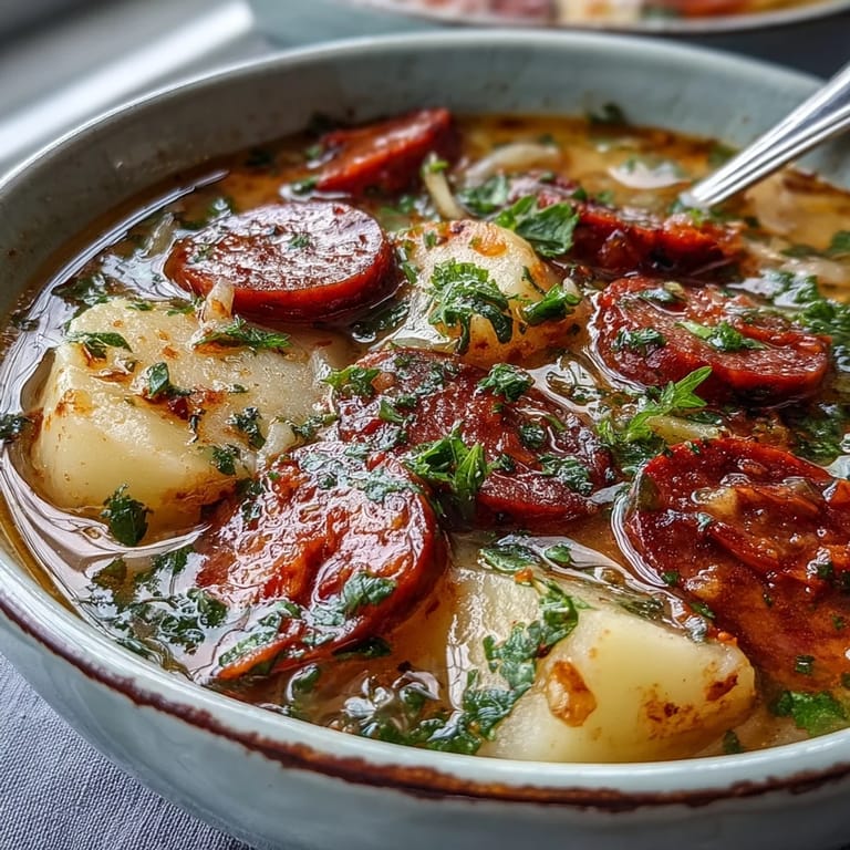 Gemütliche Potato, Leek and Chorizo Soup auf einem Holztisch mit Brot und einem Löffel bereit zum Servieren.
