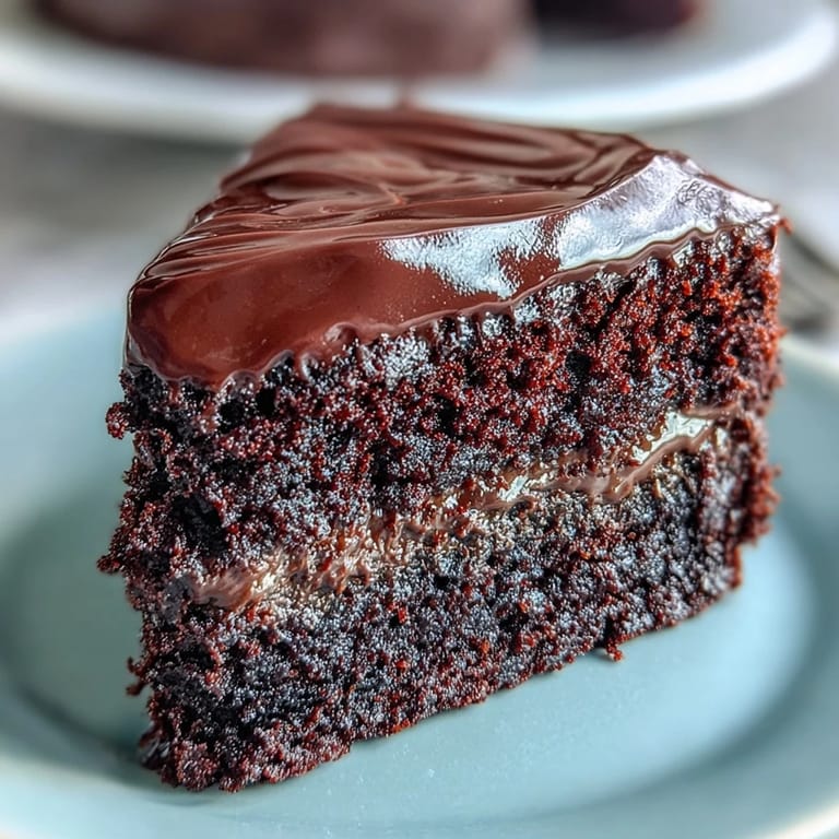 Two layers of Easy Chocolate Fudge Cake covered in smooth chocolate icing, ready to serve on a dessert plate.