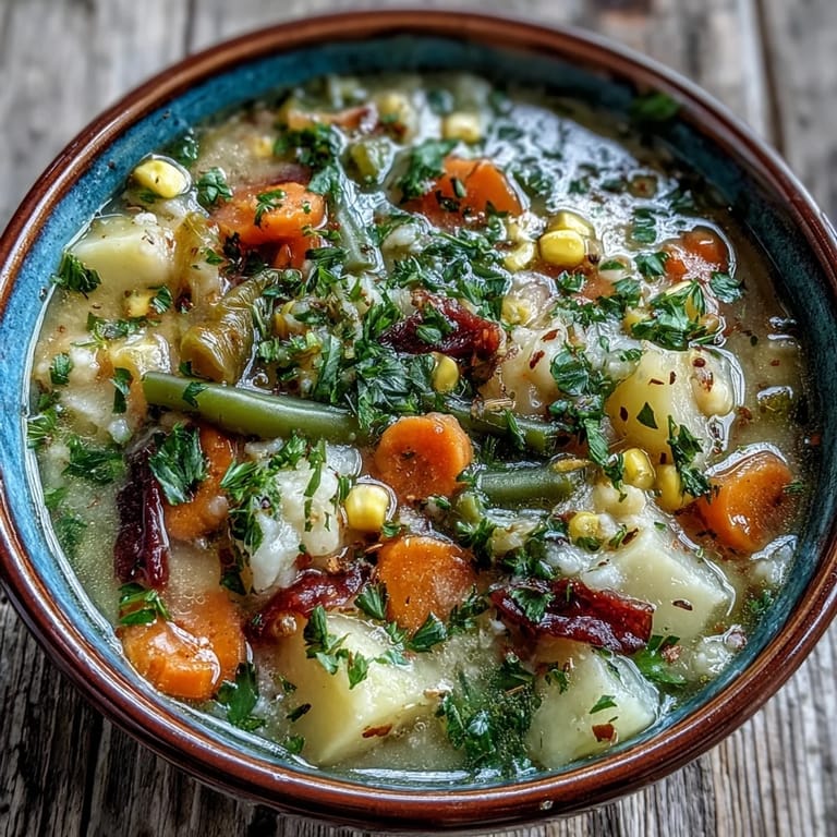 Comforting Amish Snow Day Soup steams beside crusty bread and a wool blanket on wood.