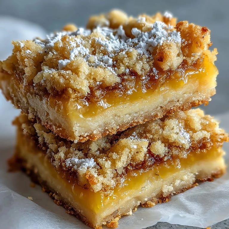 Aufgeklappte Homemade Lemon Crumb Bars zeigen goldene Streuselschicht und sonnengelbe, cremige Zitronenfüllung auf Holzunterlage.