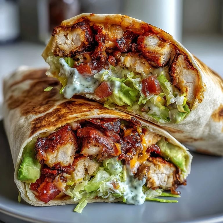 Heißer Crispy Chicken Bacon Wrap aus der Pfanne, angerichtet mit Sauce und knusprigen Seiten.