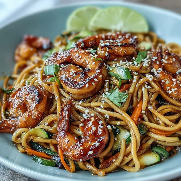 15-Minuten-Asia-Nudelgericht mit saftigen Garnelen und würziger Sauce auf dem Teller.