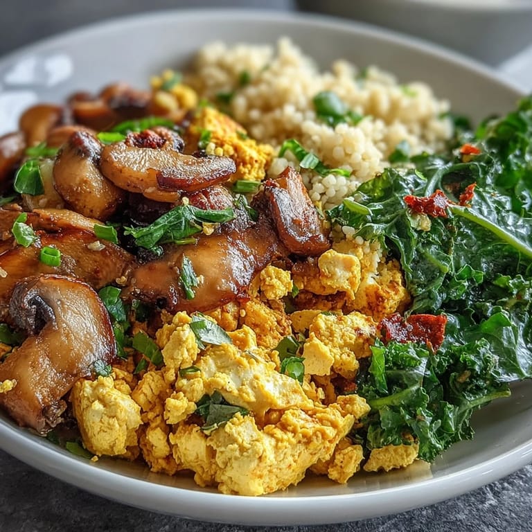 Würziges veganes Rührei-Tofu-Frühstück auf Couscous, voller Geschmack.