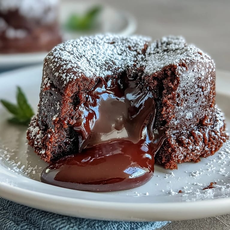 Hojicha Lava Cake wird warm angerichtet, pulverzuckergestäubt neben einer Kugel Vanilleeis.