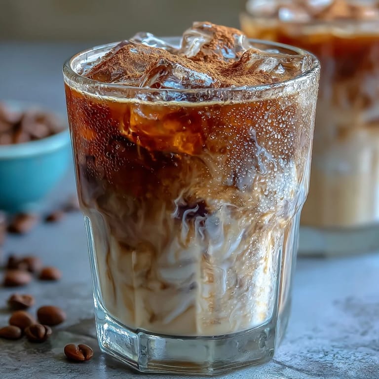 Das erfrischende Getränk zeigt kräftige Brauntöne, Eiswürfel und ein Hauch Zimtpulver auf der Oberfläche.  
