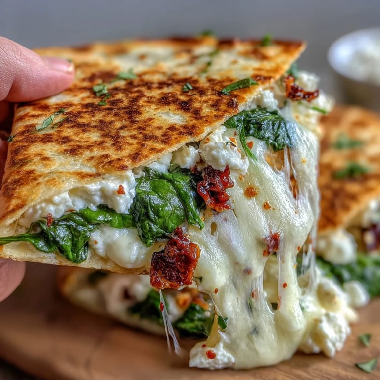 Frische Mediterranean Quesadillas mit Spinat, Feta, Mozzarella und roter Zwiebel würzig aus der heißen Pfanne gereicht.