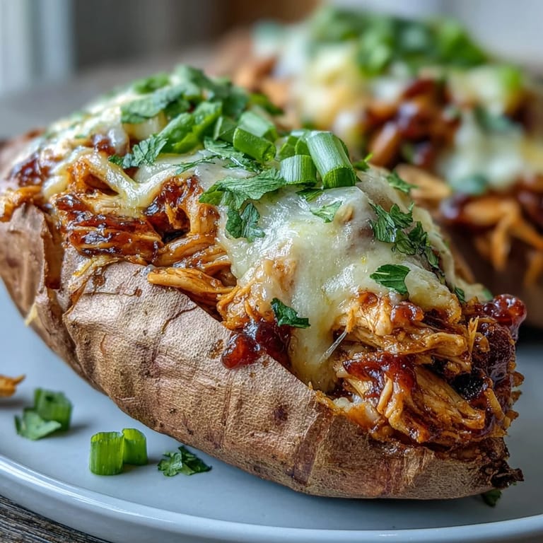 Freshly baked Honey BBQ Chicken Stuffed Sweet Potatoes garnished with green onions and cilantro for serving.