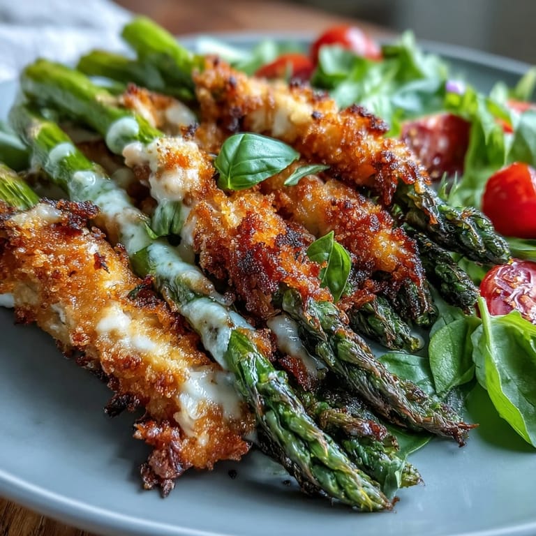 Close-up of Crispy Parmesan Asparagus Chicken Salad, crispy spears over tender chicken, drizzled with bright lemon vinaigrette.