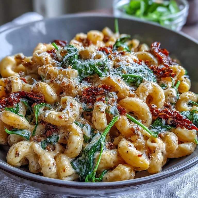 Creamy Tuscan Chili Mac mit Sonnenblumentomaten und Spinat auf weißem Teller, Nahaufnahme