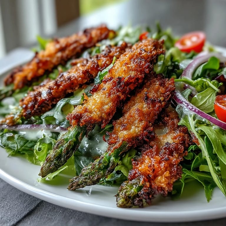 Auf einem Teller liegt diese Crispy Parmesan Asparagus Chicken Salad mit knusprigem Spargel, Hähnchenfleisch und frischem Salatgemüse.