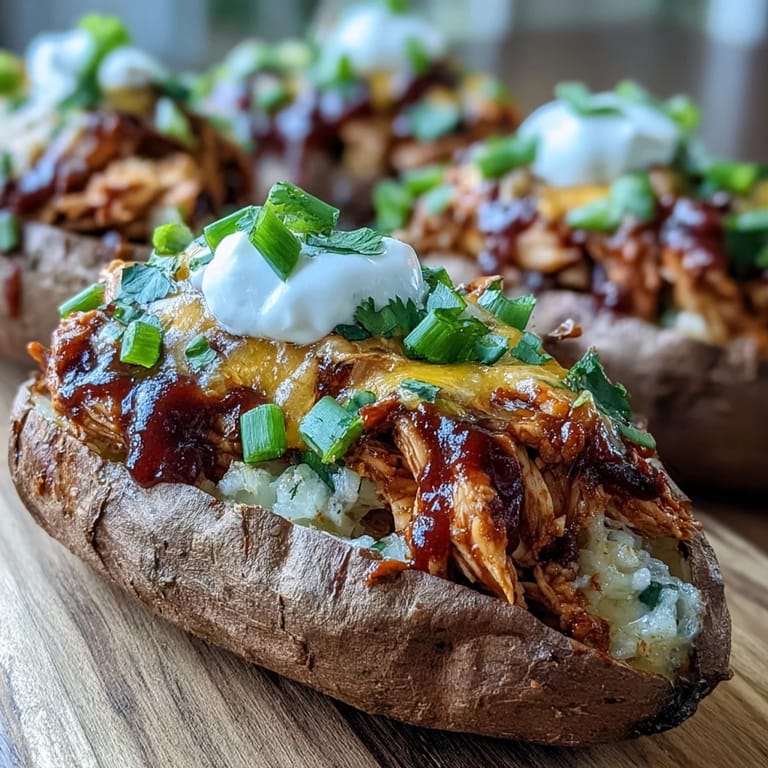 Roasted sweet potatoes stuffed with tender honey BBQ chicken, drizzled with tangy sauce and fresh toppings.