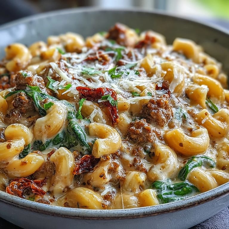 Makkaroni mit Hackfleisch und cremiger Tuscan Chili Mac in einer holländischen Pfanne, dampfend