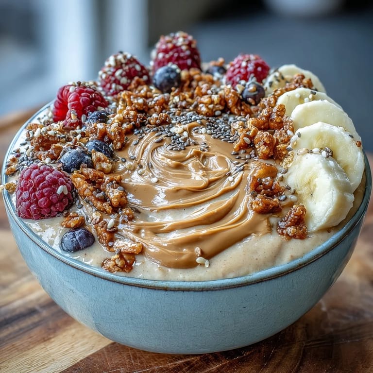 Ein buntes Vegane Erdnuss Butter Banane Protein Smoothie Bowl Topping mit Blaubeeren, Erdbeeren und Cacao Nibs auf weißem Teller.