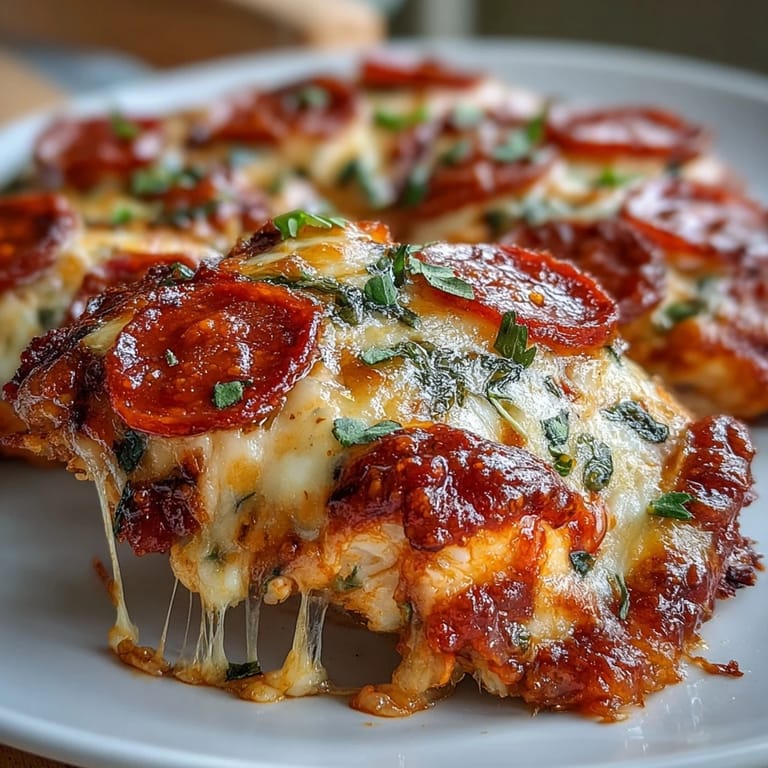 Sizzling Keto Pepperoni Pizza Chicken Bake in a skillet, featuring melted cheese and savory marinara.