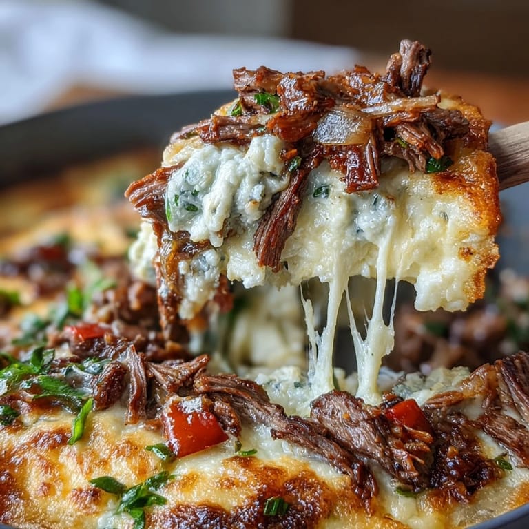 Tender beef and colorful peppers peek through a gooey cheese blanket.