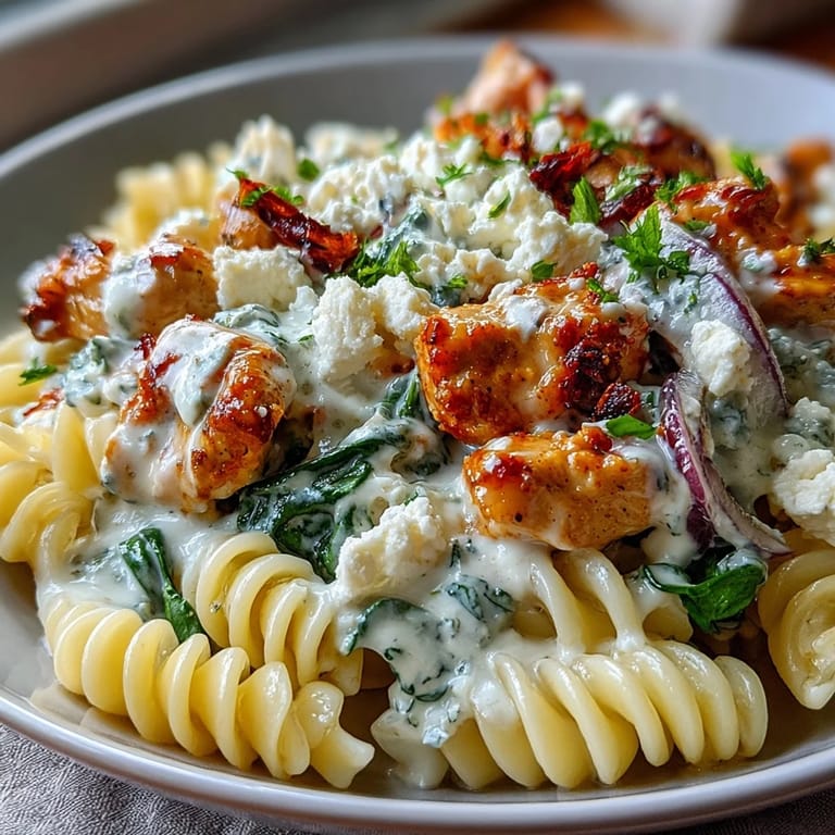 A close-up of Greek Chicken Feta Pasta Skillet with wilted spinach, crumbled feta, and golden pasta in a creamy lemon yogurt sauce.