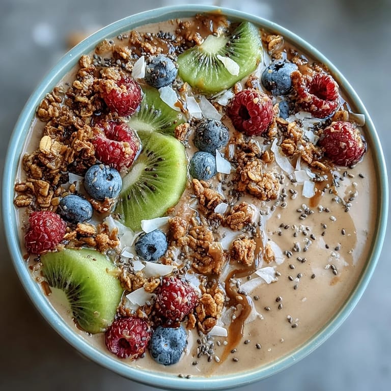 2. Erdfarbene Smoothie-Bowl mit Hojicha-Pulver, frischen Beeren und tropischem Kiwi.  