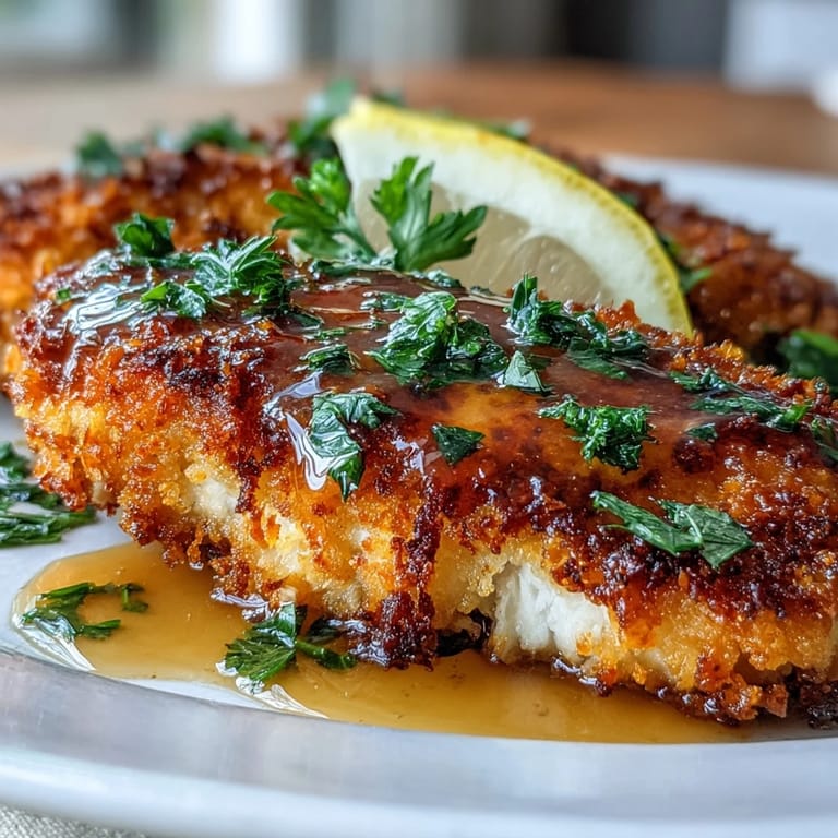 Knuspriges Hühnchen mit Parmesan-Kruste, beträufelt mit cremiger Zitronenbutter-Sauce für ein italienisch inspiriertes Gericht.