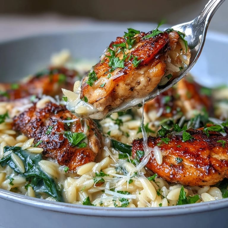 Duftendes Zitronen-Knoblauch-Hühnchen mit Orzo, Spinat und Parmesan in einer einzigen Pfanne für ein einfaches, mediterranes Abendessen.  