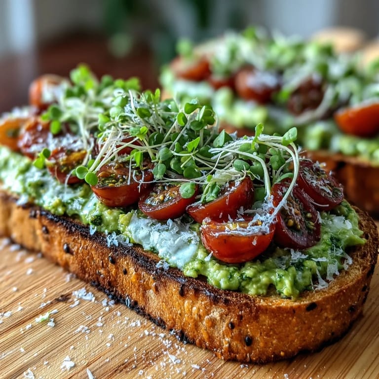 3. Farbenfroher Avocado-Pesto-Sauerteig-Toast mit frischen Cherry-Tomaten und zarten Microgreens, perfekt für ein gesundes Frühstück.