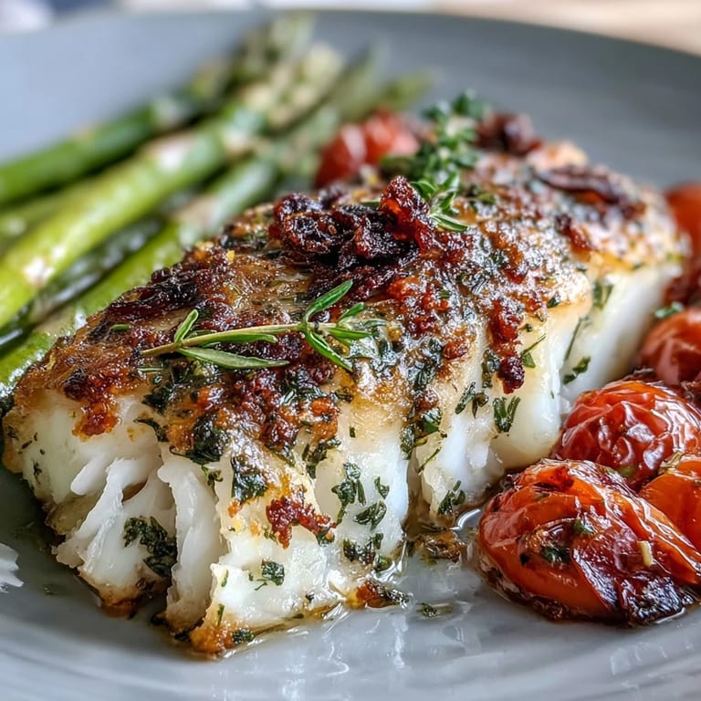 Frische Kabeljaufilets mit Zitronen-Kräuter-Marinade, im Ofen gebacken mit knackigem Spargel und saftigen Kirschtomaten.