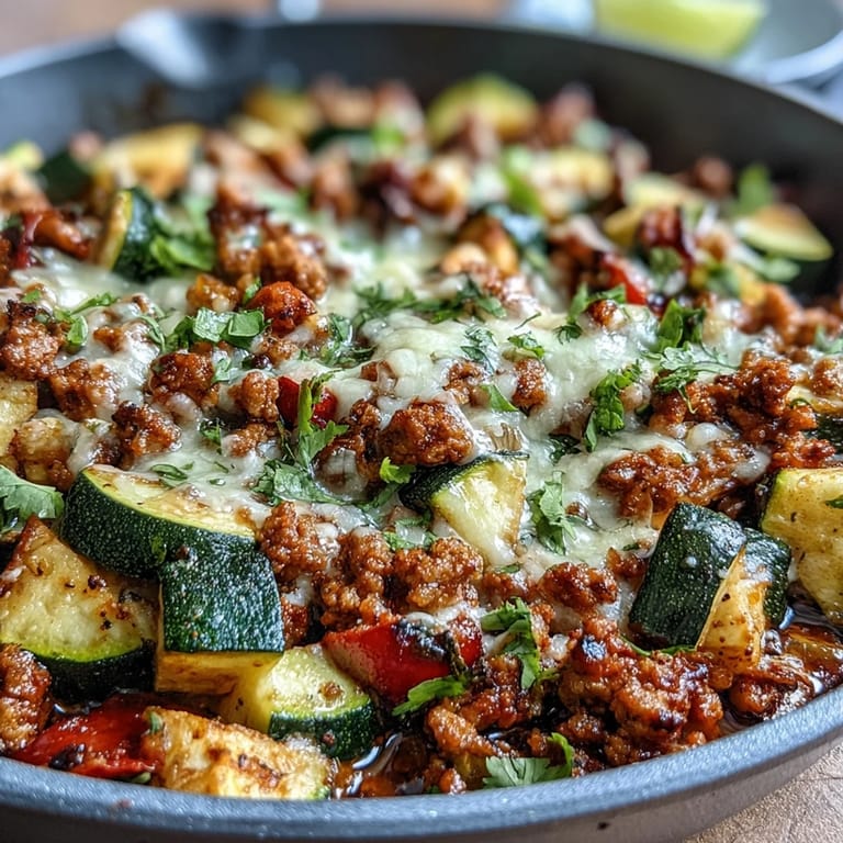 Frisches Zucchini-Turkey Taco Pfannengericht mit aromatischer Gewürzmischung, saftigem Hackfleisch und halbierten Tomaten für einen leichten Sommergenuss.