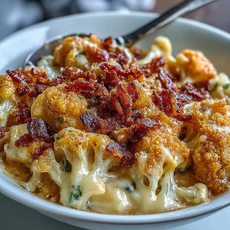 Käsig-cremige Low-Carb Mac and Cheese mit goldbraunem Blumenkohl und herzhaftem Specktopping.