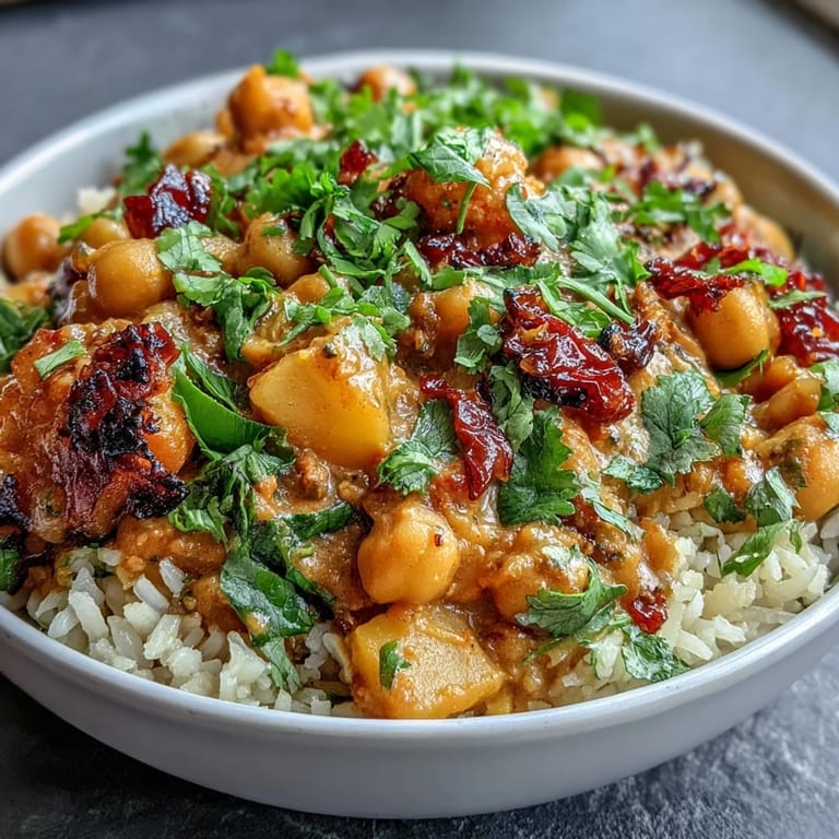 Quick vegan curry bursting with mango, coconut, and chickpeas, garnished with cilantro and served over steaming rice.