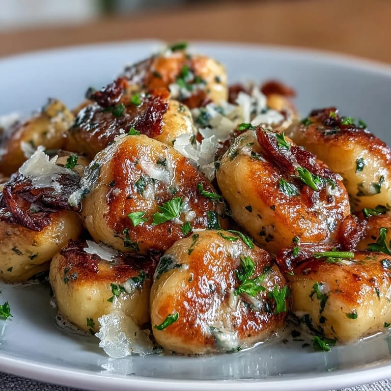 Zarte Gnocchi in aromatischer Trüffelbutter glänzen, serviert mit frisch geriebenem Parmesan.
