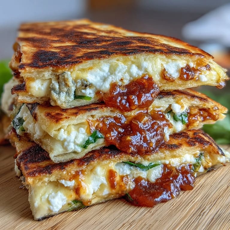 Chilli Jam & Goat Cheese Quesadilla mit goldbrauner, knuspriger Tortilla und cremigem Ziegenkäse.  