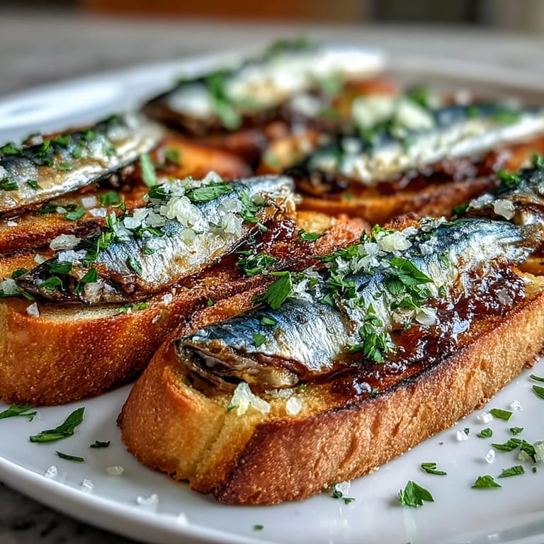 Goldbraune Crostini mit hochwertigen Sardinen, frischem Zitronensaft und Petersilie belegt.