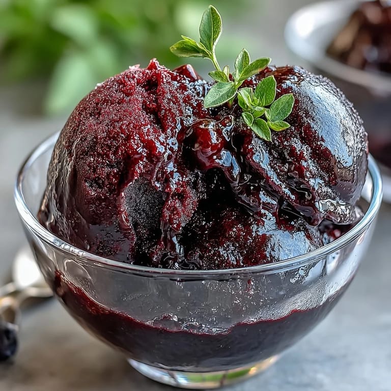 3. Kühles, samtiges schwarzes Johannisbeer-Gin-Sorbet mit leuchtender Farbe, ideal als leichtes Dessert oder raffinierter Gaumenfrische.
