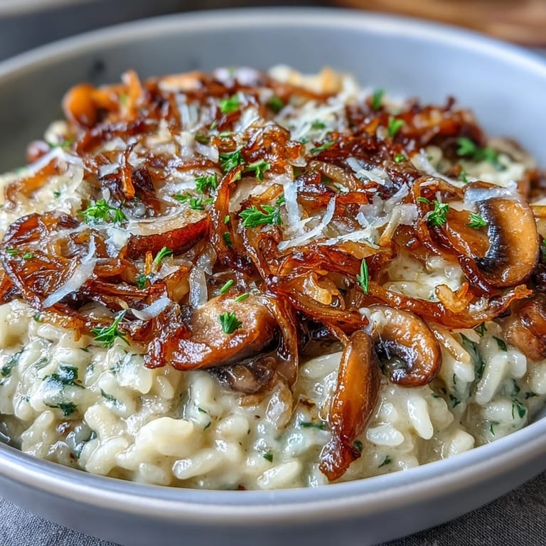 2. Italienisches Risotto mit süßen karamellisierten Zwiebeln, erdigen Pilzen und einer reichen, buttrigen Konsistenz.  